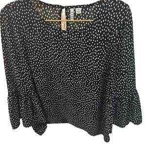 -ELLE Women's 3/4 Sleeve Flowy Top Blouse Shirt Black White Classic Polk Dots XS